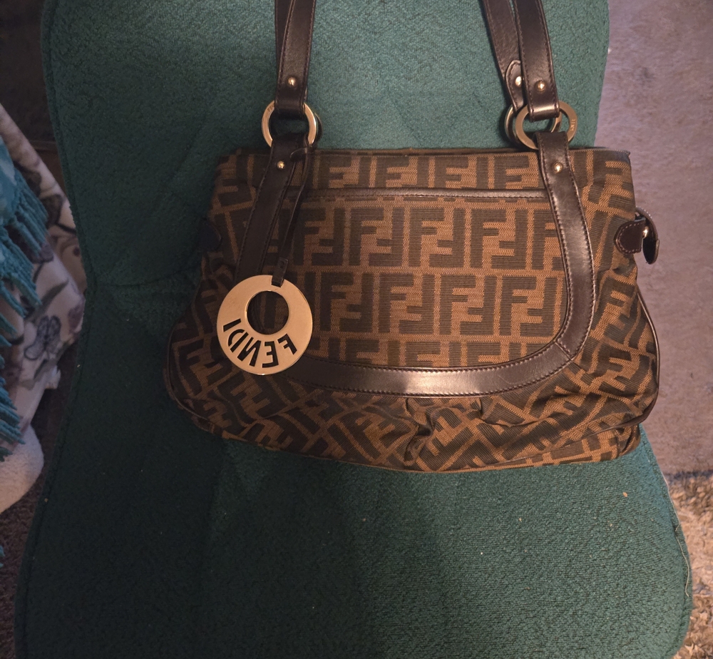 Fendi Brown Monogram Zucca Canvas Shoulder Bag with Black Trim.